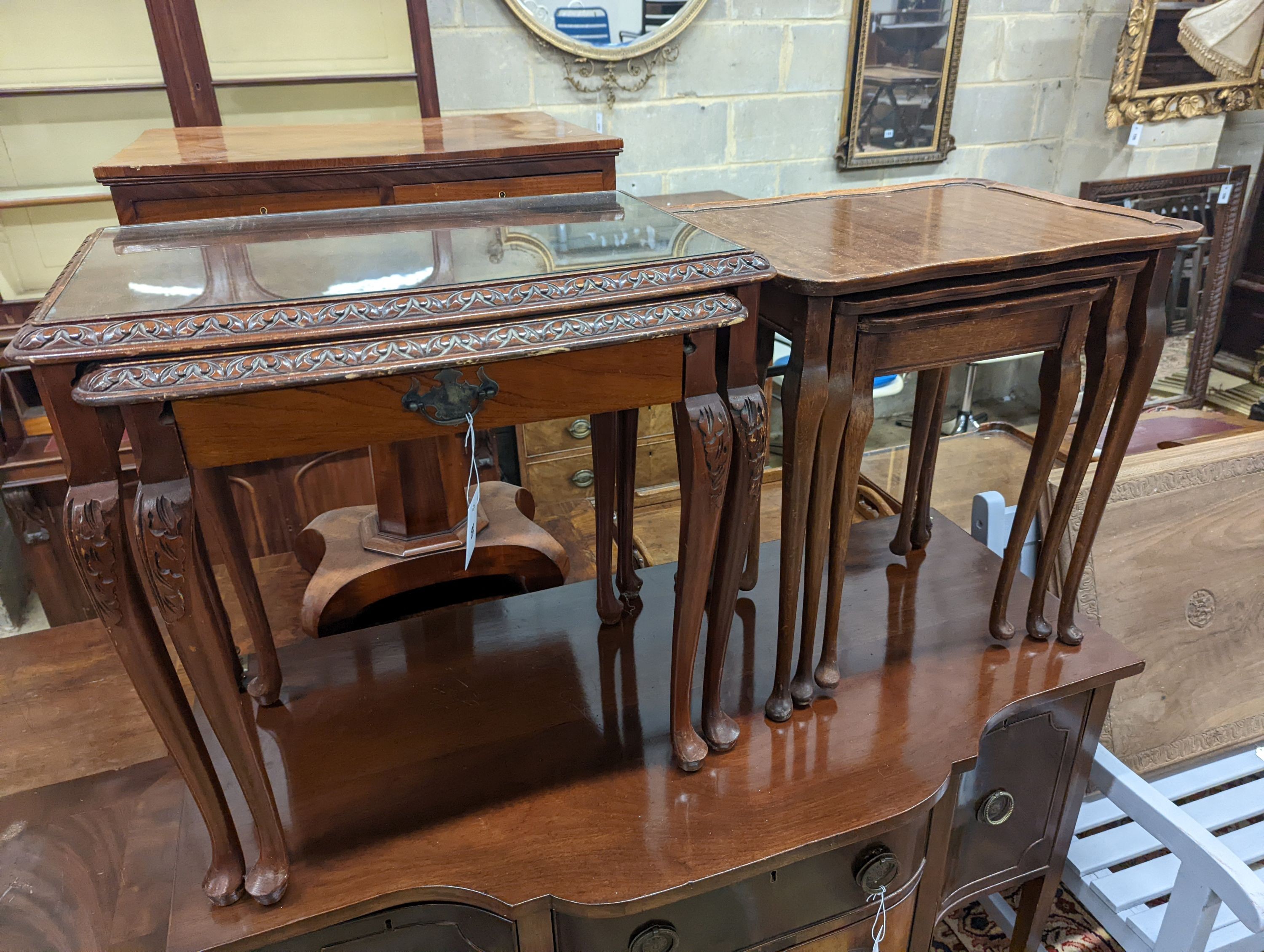 Two nests of rectangular mahogany tea tables, larger 59cm, depth 38cm, height 59cm